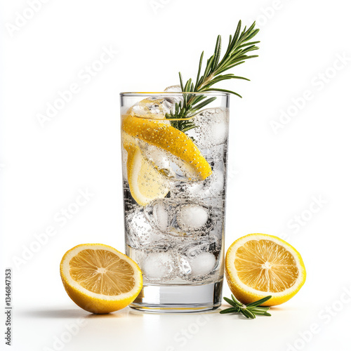 A gin and tonic in a long drink glass with ice, lemon and rosemary, isolated on a white background.