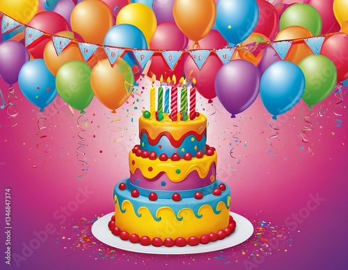 Colorful Birthday Cake with Helium Balloons and Festive Theme