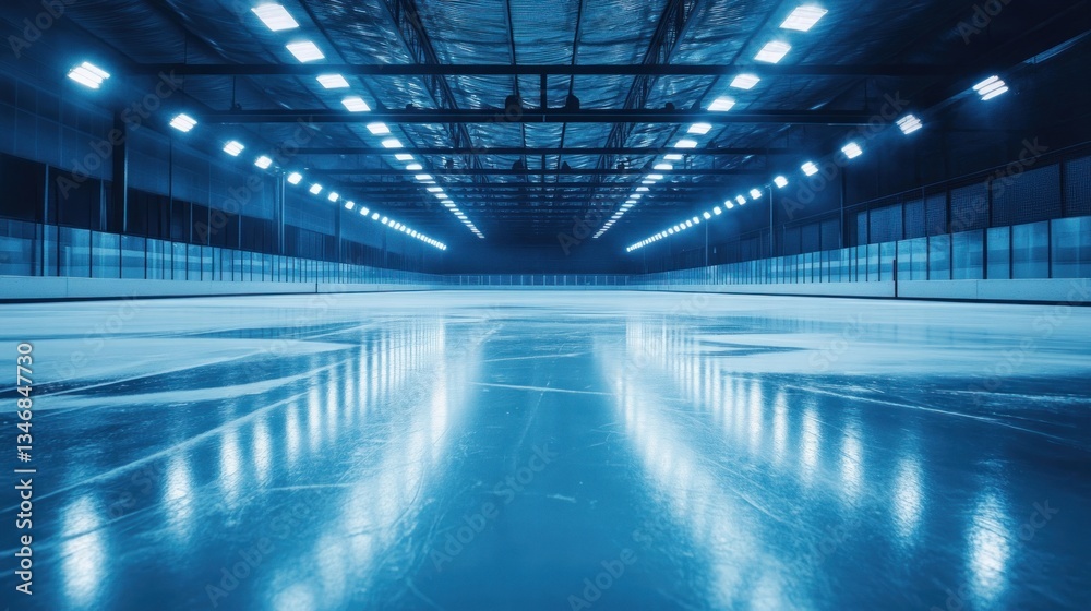 Empty Ice Rink Illuminated by Rows of Bright Lights Reflecting on Smooth Surface Sports Venue Empty Ice Rink Illuminated by Rows of Bright Lights Reflecting on Smooth Surface Sports Venue