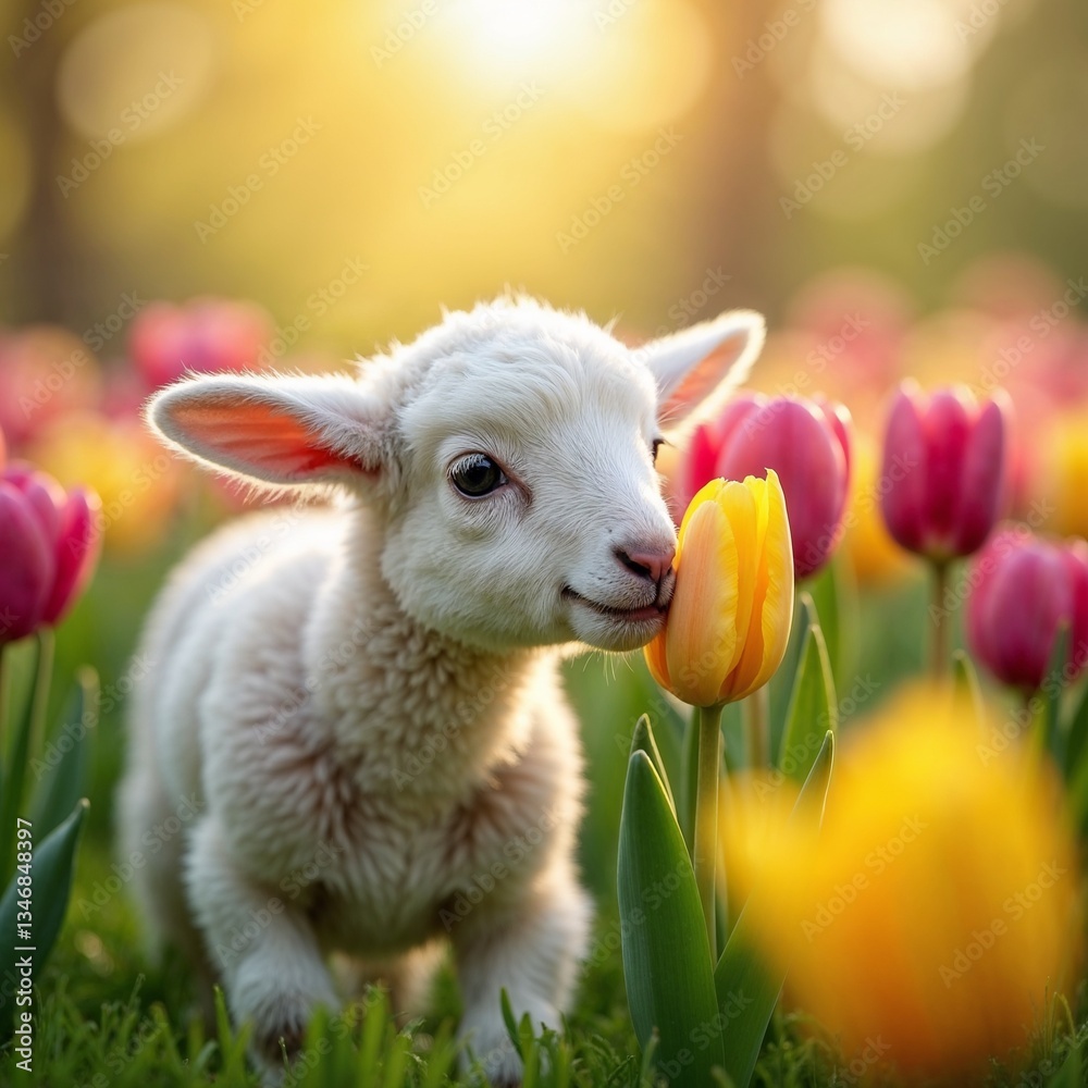 Fototapeta premium Playful Lamb Sniffing a Bouquet of Fresh Tulips in a Sunlit Spring Garden