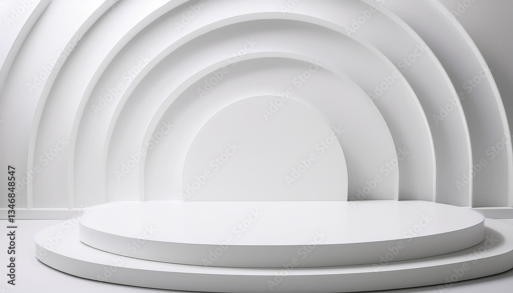 Obraz premium A minimalist white platform with a circular design in a studio. It is designed for product display and presentations