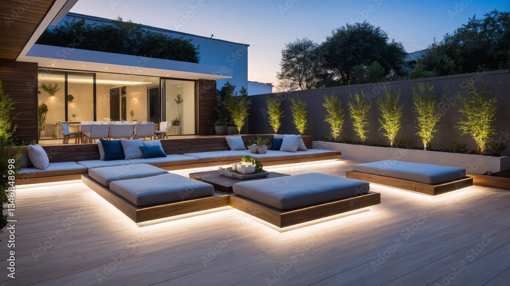 Fototapeta premium A modern outdoor living space is illuminated at twilight hour
