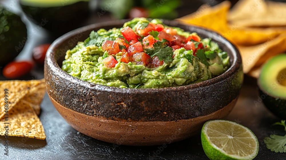 Freshly Made Guacamole with Tomatoes, Cilantro, and Lime Served with Tortilla Chips on Rustic Table Freshly Made Guacamole with Tomatoes, Cilantro, and Lime Served with Tortilla Chips on Rustic Table