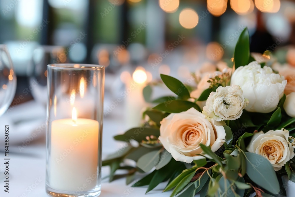 Obraz premium A delicate floral arrangement accompanied by softly glowing candles, creating a peaceful setting for a relaxed dining experience or an intimate gathering.