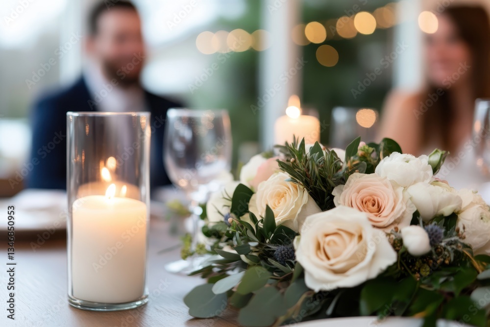 Obraz premium An exquisite floral arrangement adorned with glowing candles, setting a perfect backdrop for intimate gatherings and special celebrations amidst a warm atmosphere.