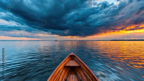 Storm clouds approaching over a calm sea Concept, Darkening Storm Clouds Over Calm Sea with Gentle Ripples and Sunset Reflection