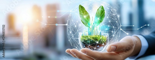 Economic growth interment GDP sustainability A hand holding a small plant symbolizing growth and sustainability in a green future, showcasing innovation in environmental care.