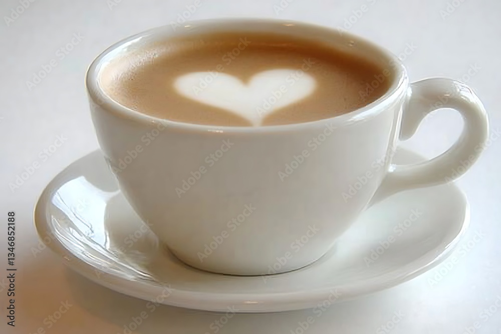 Coffee latte cup with heart design, close up, on table Coffee latte cup with heart design, close up, on table