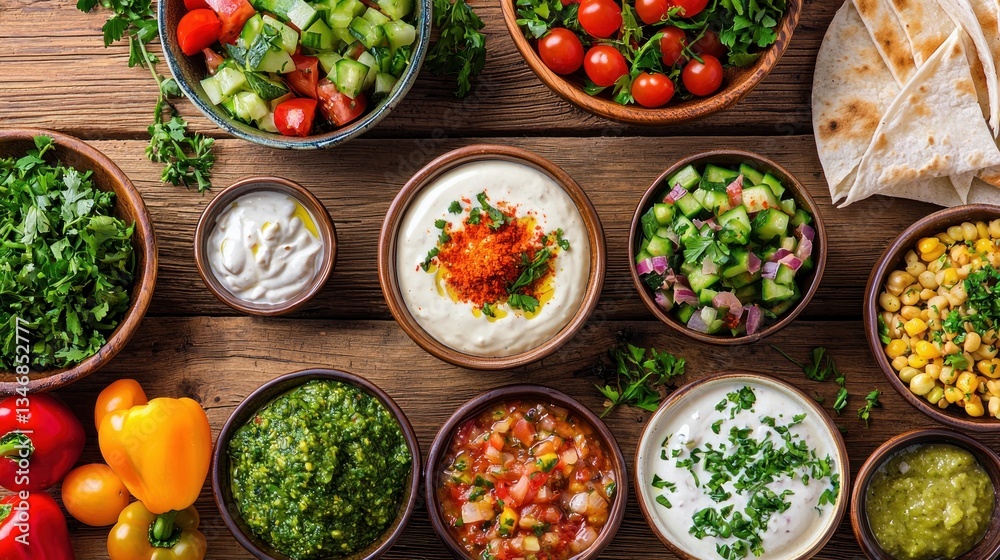 Overhead Still Life of Bowls of Fresh Salads Dips Vegetables and Flatbread on a Rustic Wooden Table Overhead Still Life of Bowls of Fresh Salads Dips Vegetables and Flatbread on a Rustic Wooden Table
