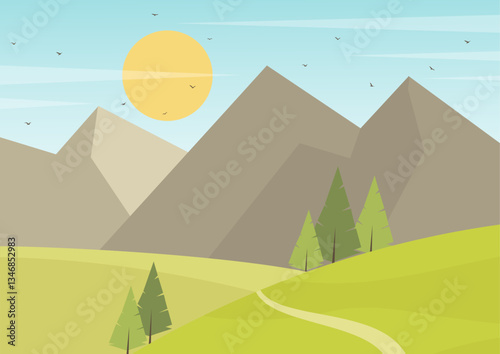 Green nature forest landscape scenery background. Skyline with spring fields flat cartoon style illustration