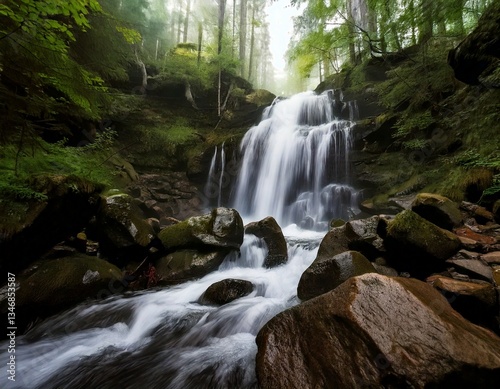 A waterfall cascading over rugged rocks in a misty fore