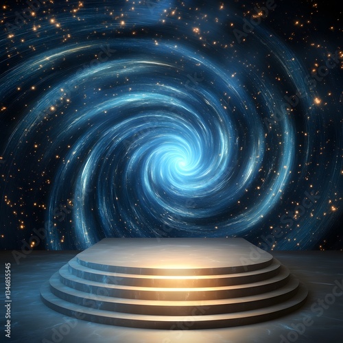 A podium inside a swirling black hole, with cosmic light bending around it.
