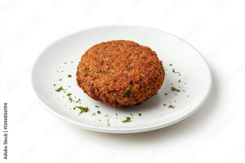 Crispy falafel patty on bright white plate garnished with parsley vibrant culinary cuisine offering Crispy falafel patty on bright white plate garnished with parsley vibrant culinary cuisine offering
