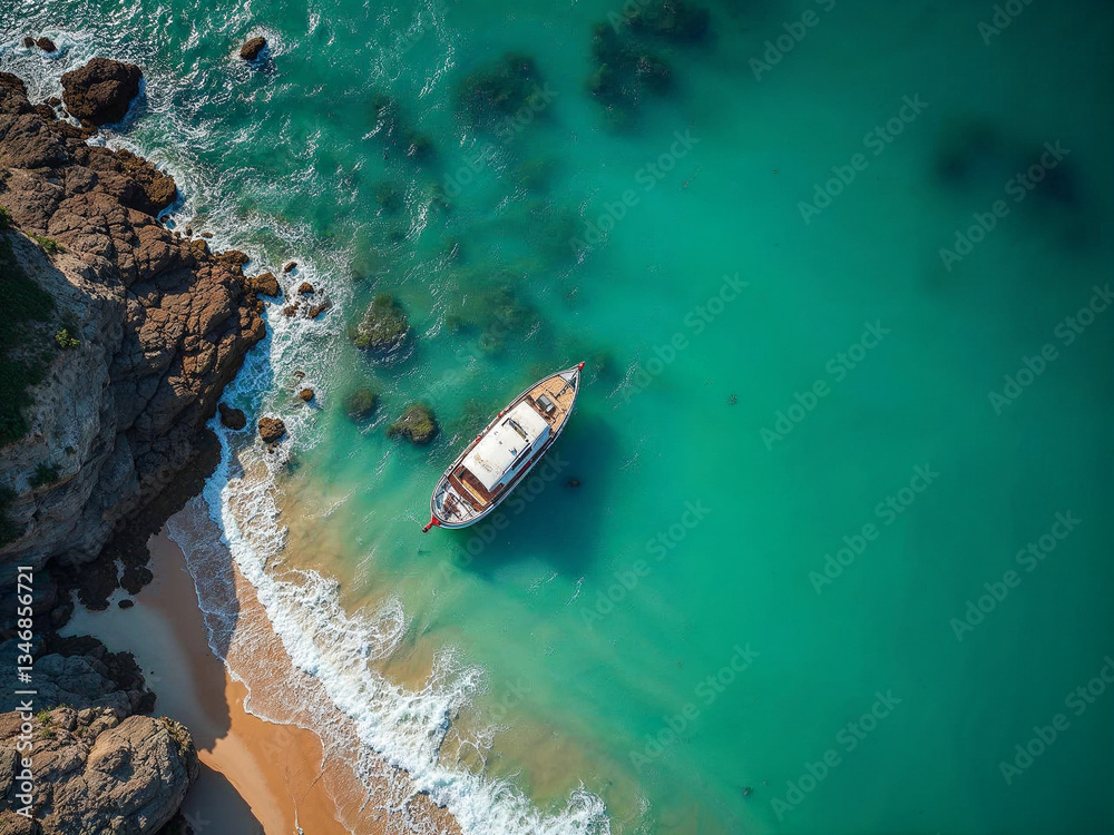 Naklejka premium Vista aérea de praia tropical com águas verdes Pedras e ondas