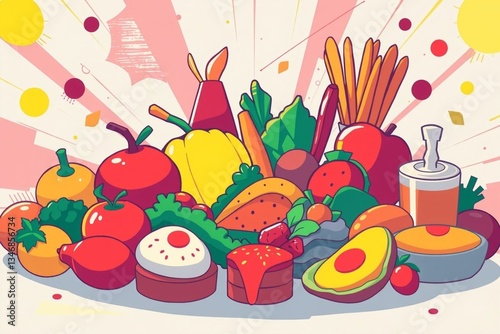 Colorful assortment of food items including fruits and vegetables arranged vibrantly