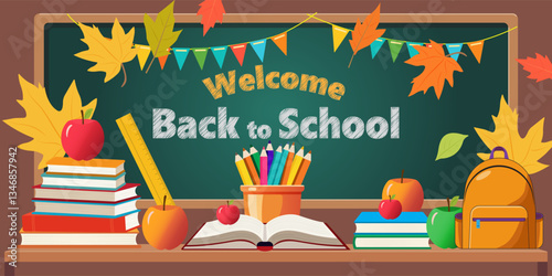 Back to school vector background design. Colorful Classroom Supplies and Learning Concept