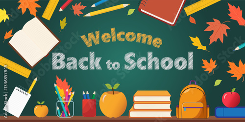 Back to school vector background design. Colorful Classroom Supplies and Learning Concept