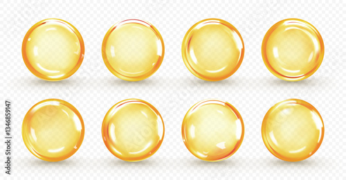 Golden oil capsule set isolated on transparent background. Realistic shiny medicine pills with fish oil or omega 3. Vitamin supplement. 3D vector illustration