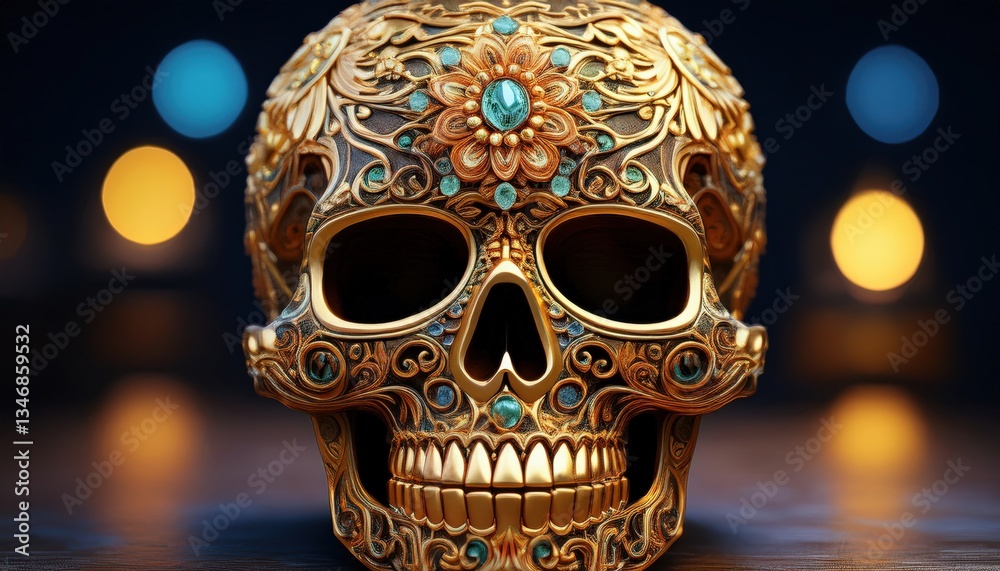Obraz premium A hyper-realistic golden sugar skull adorned with intricate carvings and shimmering gemstone eyes — blending luxury, tradition, and the spirit of Día de los Muertos. 
