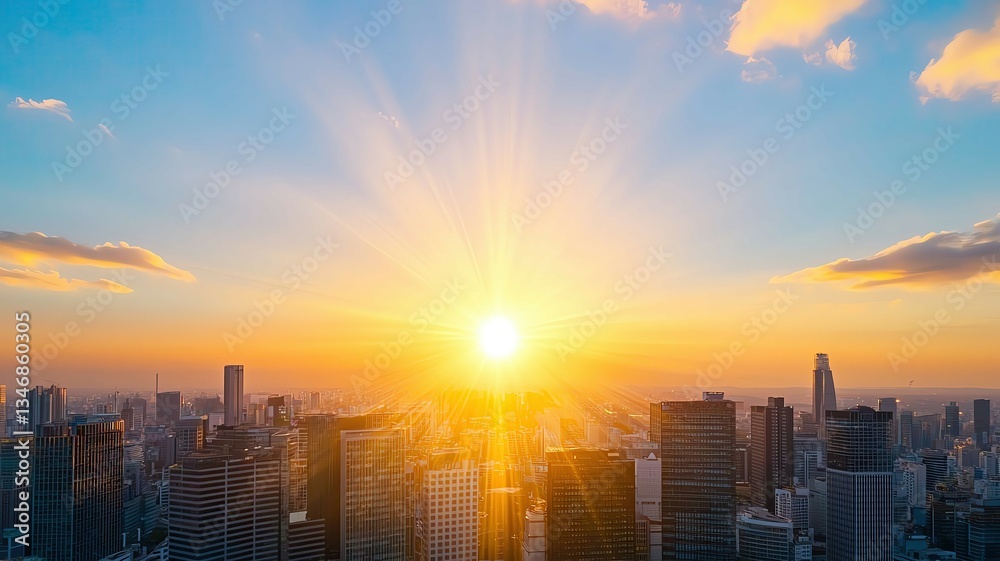 Fototapeta premium Economic growth investment GDP expansion A breathtaking sunrise over a city skyline, illuminating the buildings and creating a vibrant atmosphere filled with hope and new beginnings.