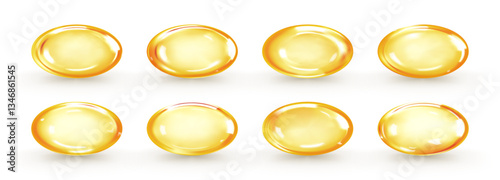 Golden oil capsule set isolated on white background. Realistic shiny medicine pills with fish oil or omega 3. Vitamin supplement. 3D vector illustration