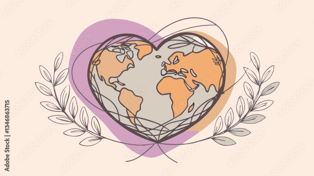 Naklejka premium Earth Day Environment day minimalist one line drawing of a small globe with a heart inside banner poster of planet earth 