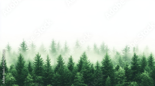 Misty Forest with Pine Trees in Fog, and Nature Background.