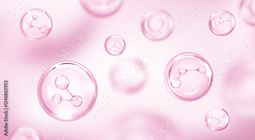 Molecule inside bubble on pink background. Collagen serum drops. Cosmetic essence. Concept skin care cosmetics solution. Vector illustration