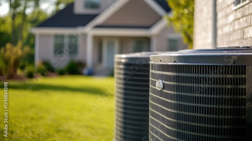 close up of a heat pump system next to home