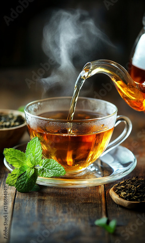 Elegant presentation of herbal tea being poured into glass cup, with mint garnish