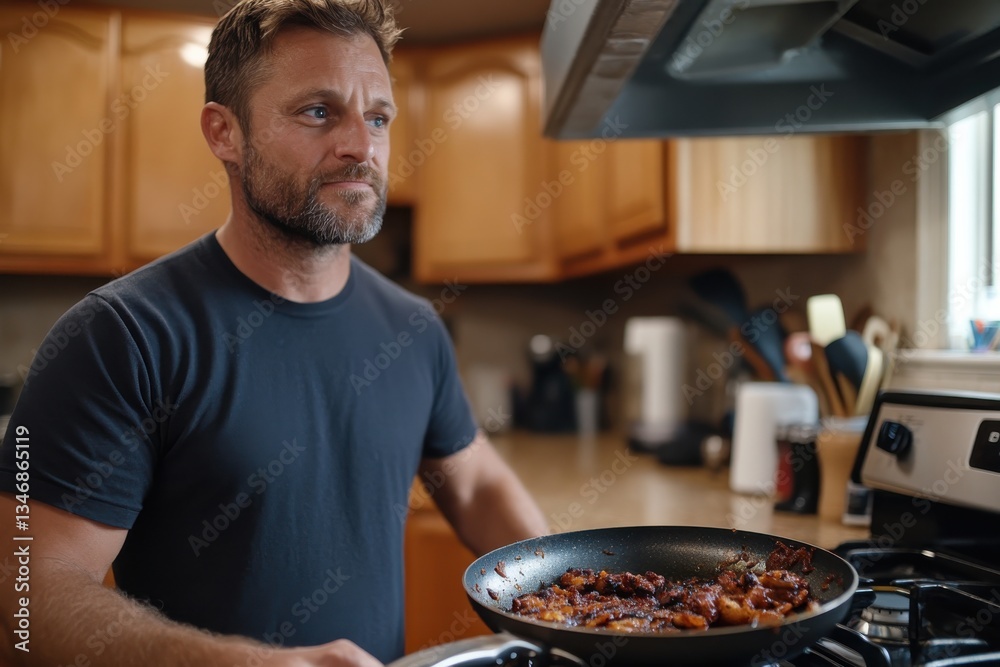 A concerned man stands in a well-equipped kitchen examining burnt food in a pan, capturing the relatable moment of culinary mishaps that everyone can empathize with. A concerned man stands in a well-equipped kitchen examining burnt food in a pan, capturing the relatable moment of culinary mishaps that everyone can empathize with.
