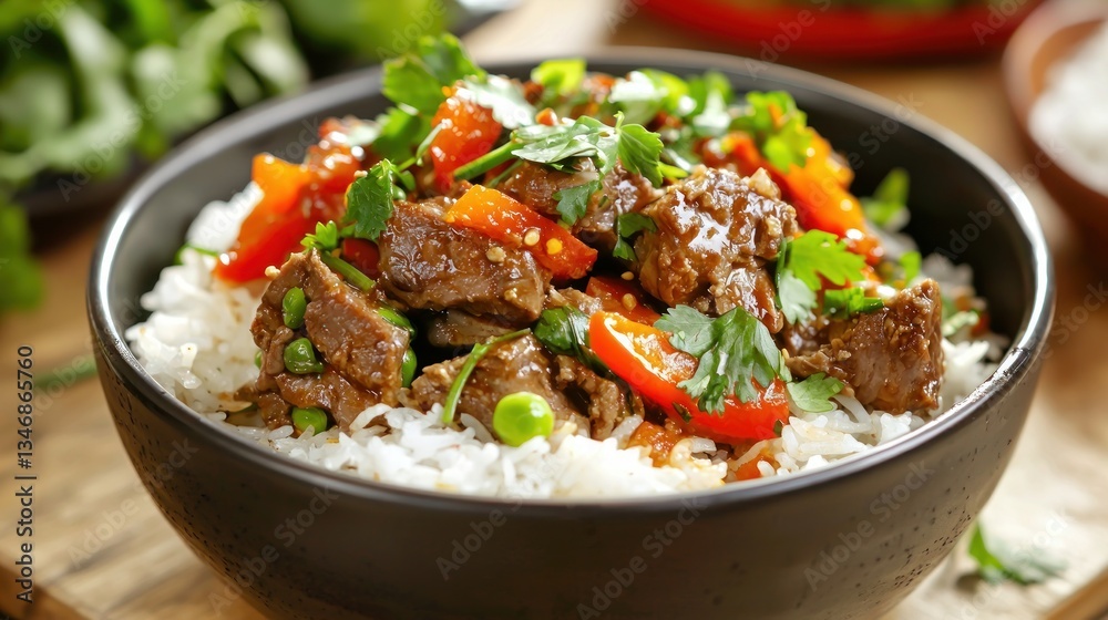Appetizing Bowl of Beef Stir Fry with Rice and Fresh Herbs on Wood Table in Restaurant Appetizing Bowl of Beef Stir Fry with Rice and Fresh Herbs on Wood Table in Restaurant