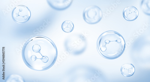 Molecule inside bubble on blue background. Collagen serum drops. Cosmetic essence. Concept skin care cosmetics solution. Vector illustration