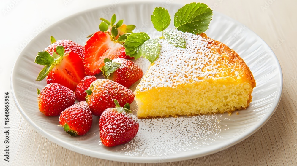 Delicious Slice of Yellow Cake with Fresh Strawberries and Powdered Sugar on a White Plate Delicious Slice of Yellow Cake with Fresh Strawberries and Powdered Sugar on a White Plate