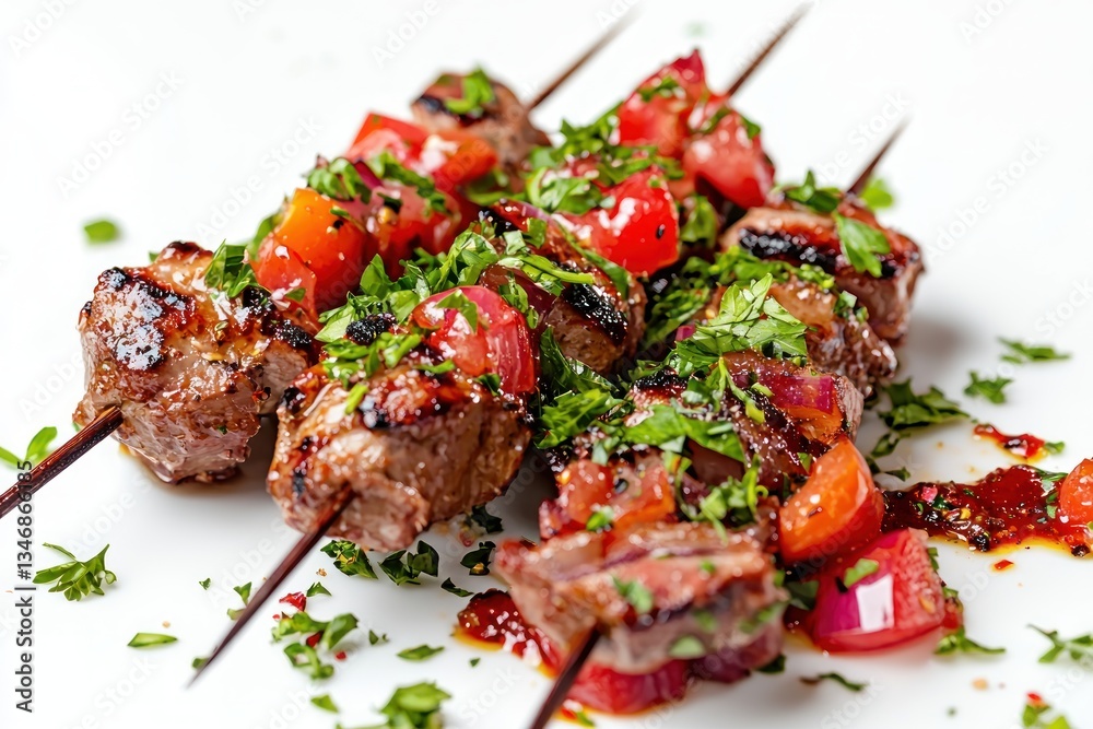 Appetizing grilled beef skewers with fresh tomatoes and parsley on a white plate delicious meat food Appetizing grilled beef skewers with fresh tomatoes and parsley on a white plate delicious meat food