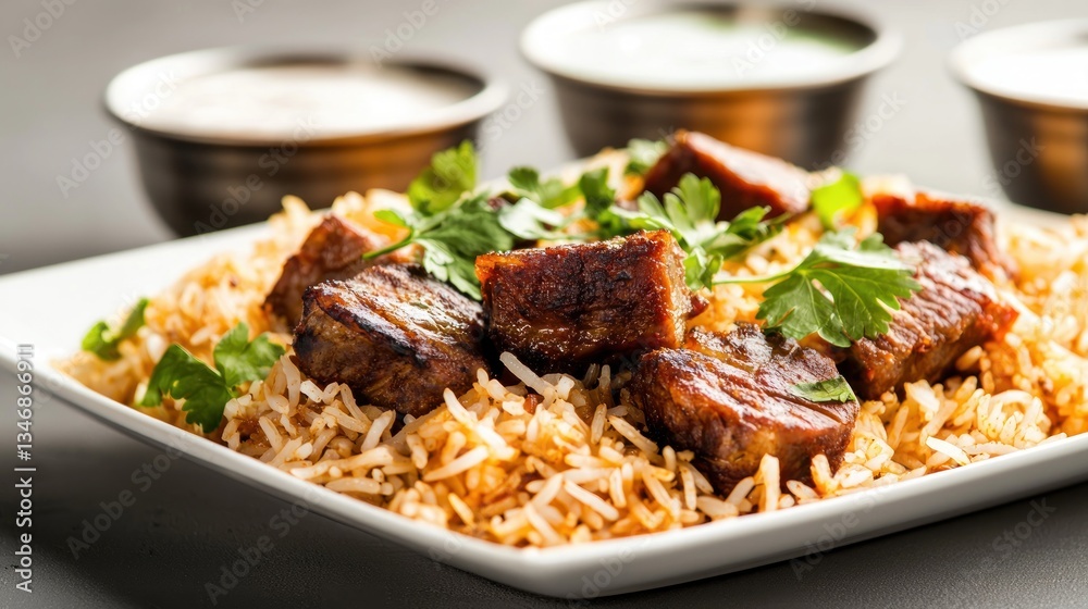Mouthwatering beef biryani dish with aromatic rice cilantro and creamy yogurt on gray table setting Mouthwatering beef biryani dish with aromatic rice cilantro and creamy yogurt on gray table setting