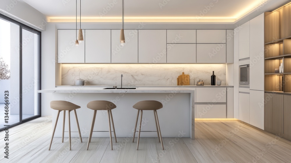 Fototapeta premium Modern Minimalist Kitchen Design: Elegant White and Wood Accents