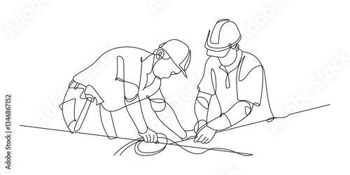 Continuous line drawing of project workers and construction activities. Hand drawn single line vector illustration