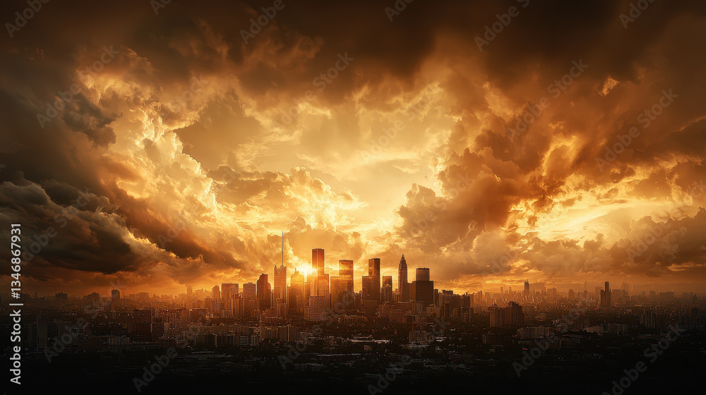Fototapeta premium dramatic sunset casts golden light over city skyline, with rolling clouds creating striking contrast