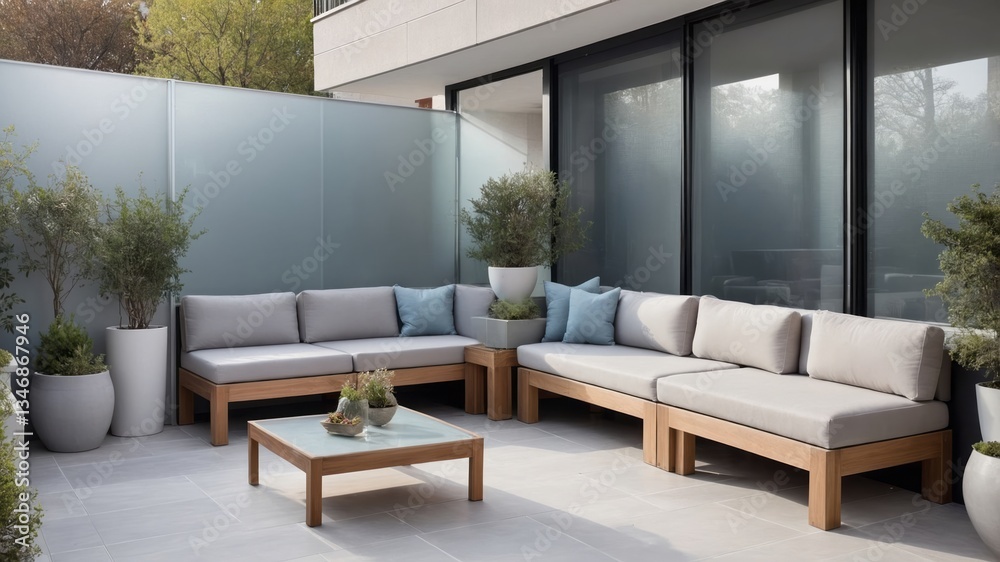 Fototapeta premium A modern outdoor patio area with comfortable seating and plants