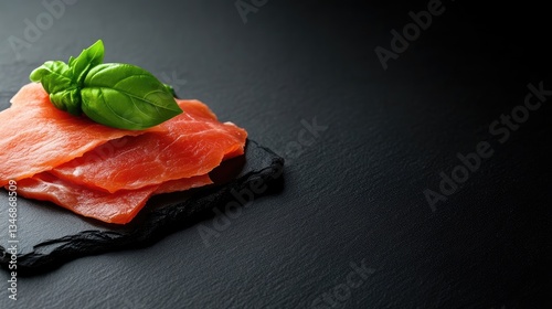 Fresh salmon slices on dark slate, garnished with basil