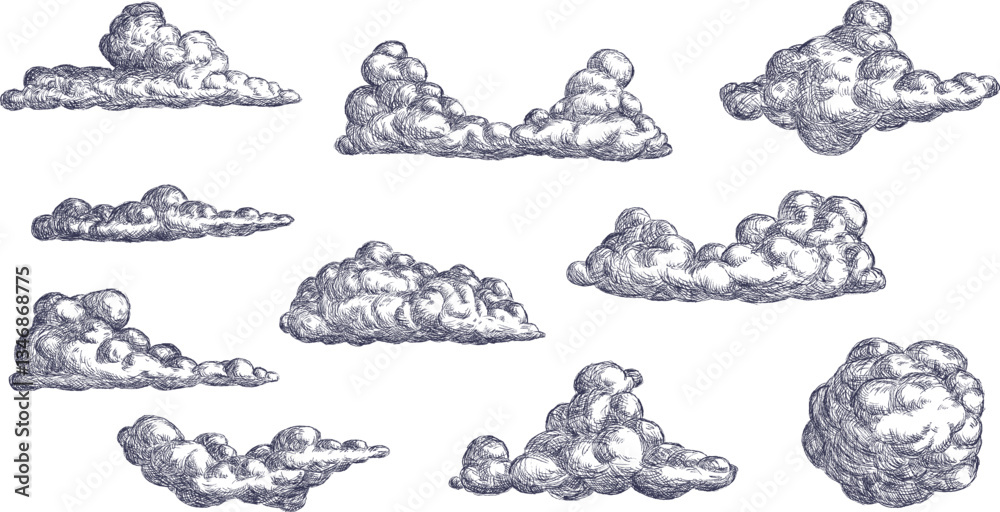 Clouds different form in hand drawn sketch style. Set of design elements for print. Vintage monochrome vector illustration.