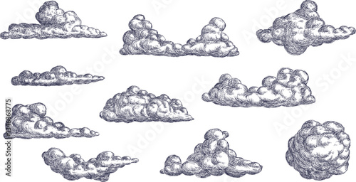 Clouds different form in hand drawn sketch style. Set of design elements for print. Vintage monochrome vector illustration.