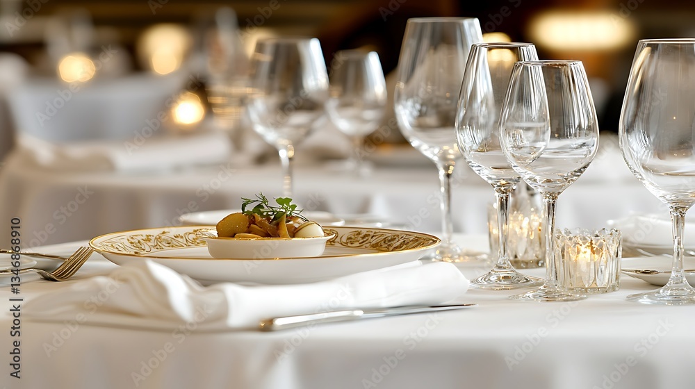 Upscale restaurant table draped in white linen crystal glassware and an elegantly plated dish with a gold accent hinting at high end dining refinement Upscale restaurant table draped in white linen crystal glassware and an elegantly plated dish with a gold accent hinting at high end dining refinement