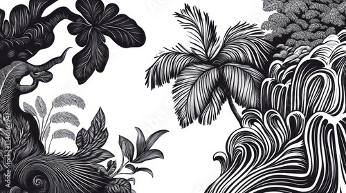 Wallpaper Mural Tropical paradise, ocean waves crashing, palm trees, decorative art, design element Torontodigital.ca