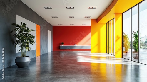 Modern interior space with concrete floor, colorful accent walls and sunlight beaming through window, studio style