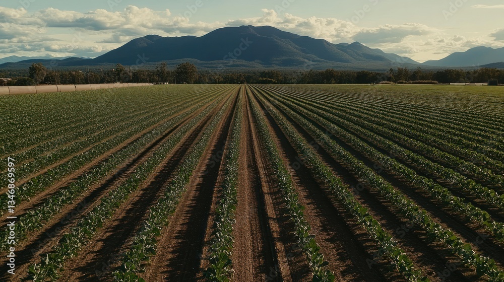 Aerial view of agricultural field with rows of crops and mountains in background. Aerial view of agricultural field with rows of crops and mountains in background.