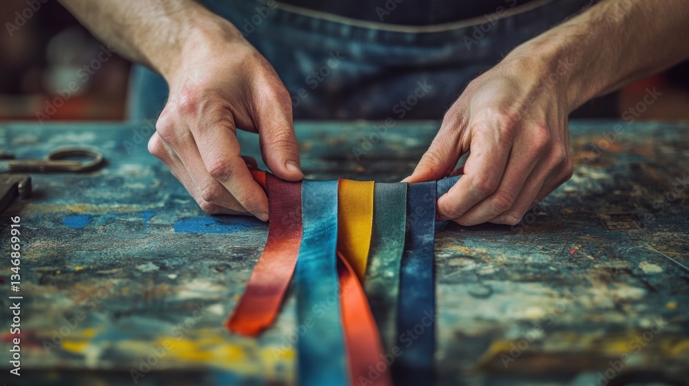 Hands skillfully braid colorful fabric strips on a textured work surface, focusing on creativity and craftsmanship in the art of belt-making Hands skillfully braid colorful fabric strips on a textured work surface, focusing on creativity and craftsmanship in the art of belt-making