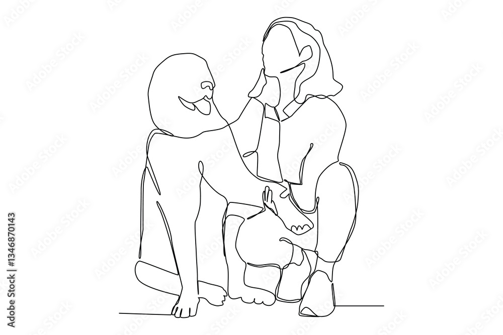 One Line Drawing of a Mother and his pet animal sharing a Joyful moment. One Line Drawing of a Mother and his pet animal sharing a Joyful moment.