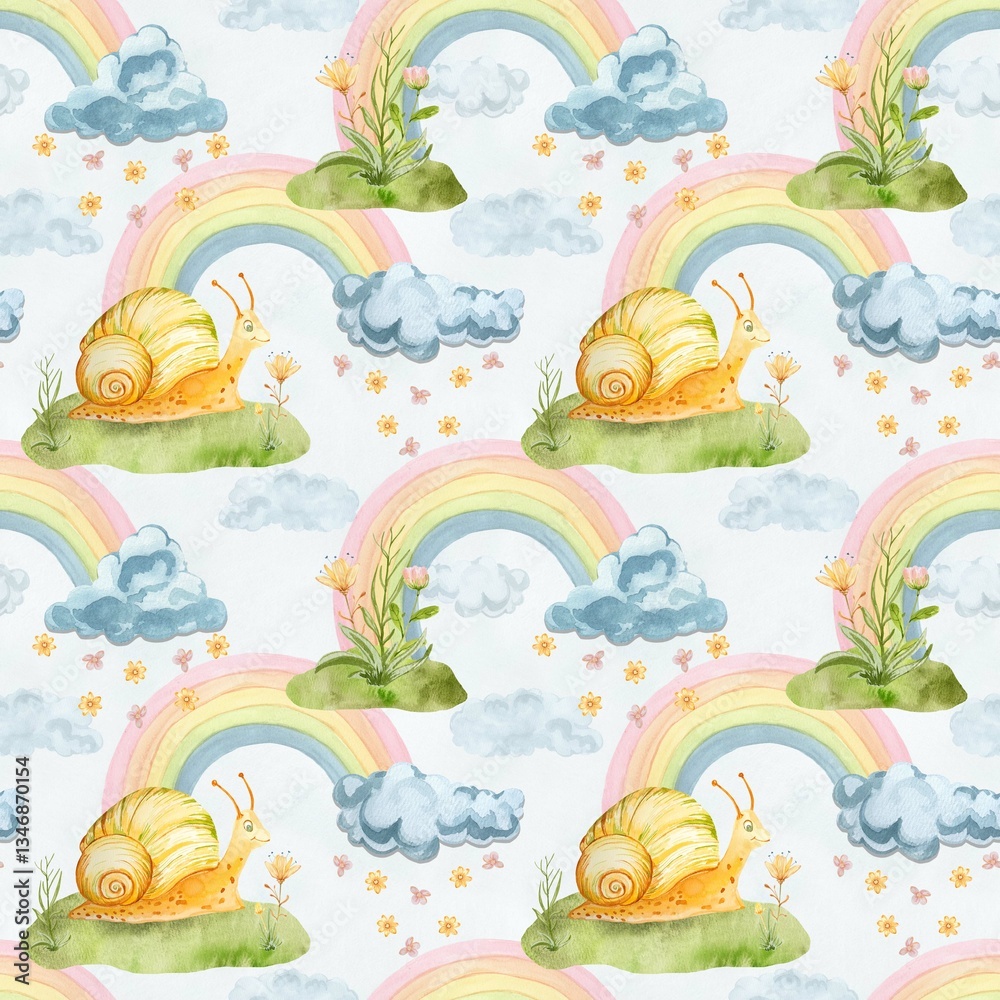 Naklejka premium Beautiful illustrations of a magical forest with a little turtle cute snails, flowers, clearings good will decorate children's textiles, wallpaper, wrapping paper, postcards and much more. 
